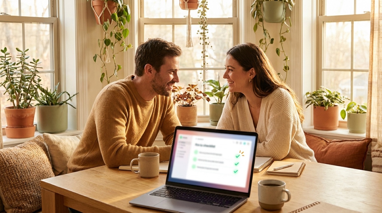 Two colleagues talking across a table with a laptop showing an onboarding checklist completing itself.