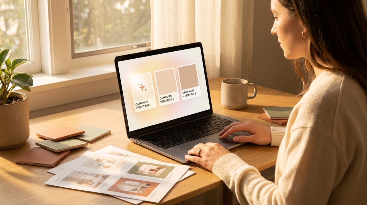 Printed campaign layouts and colour swatches spread across a warm desk beside a laptop.