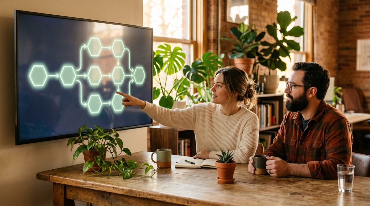 Two colleagues watching a screen where an automated workflow routes tasks through connected steps.