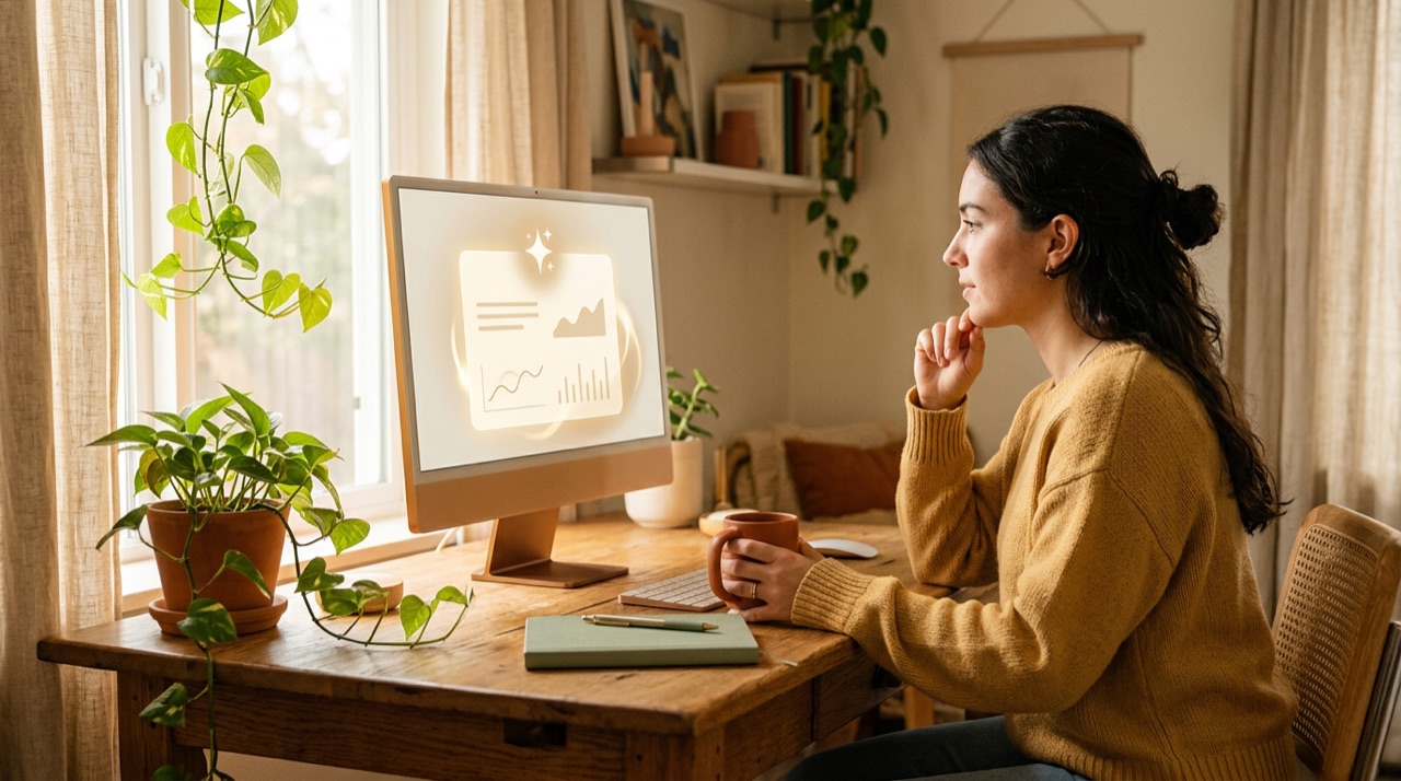 A person reading a printed summary at a sunlit desk beside a laptop showing a simple graph.