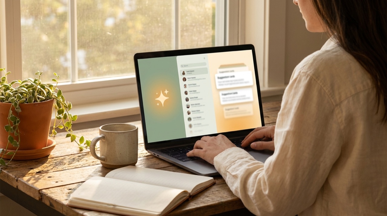 A salesperson at a sunlit desk with a laptop showing an AI assistant suggesting follow-ups.