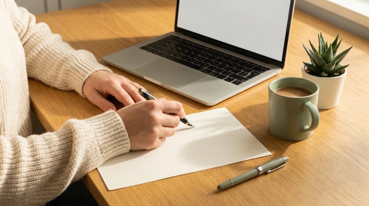 Hands writing on a sheet of paper at a warm wooden desk beside an open laptop.