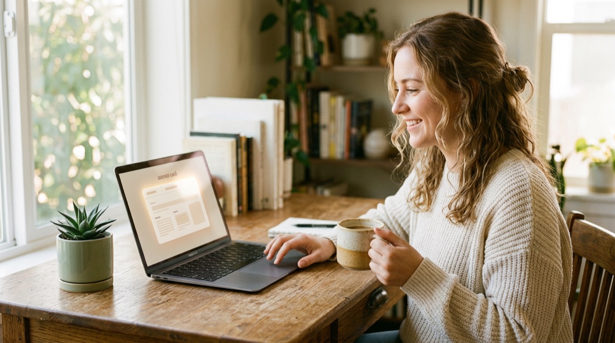 A person at a sunlit desk reading a clean answer displayed on a laptop screen.