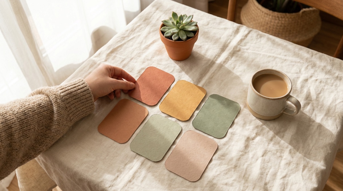 Small coloured cards laid out in a grid on a desk as someone reaches to pick one.