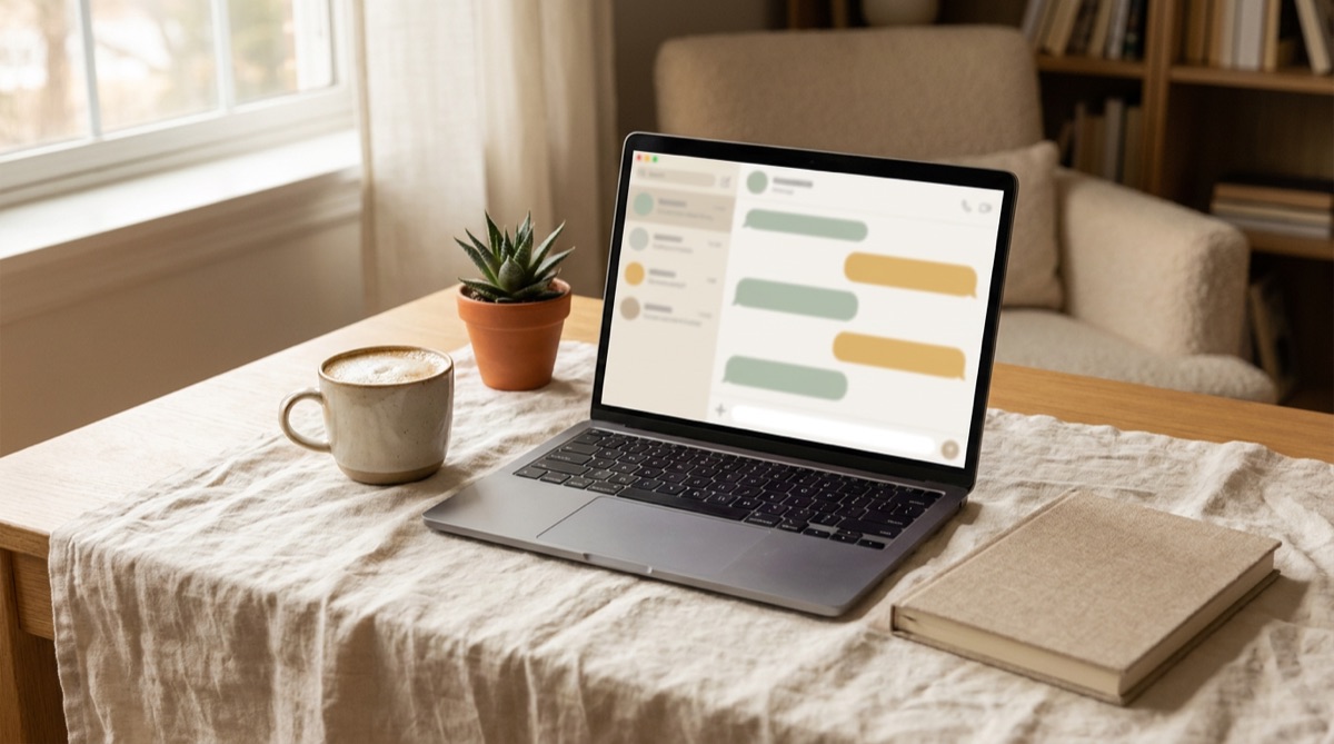 A laptop on a cream desk showing a friendly chat conversation with rounded message bubbles.