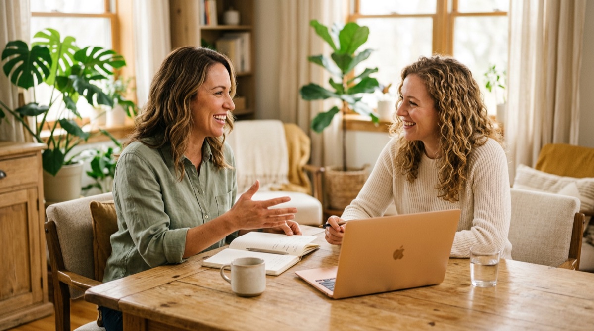 Two people in conversation across a sunlit table with a laptop and notebook between them.