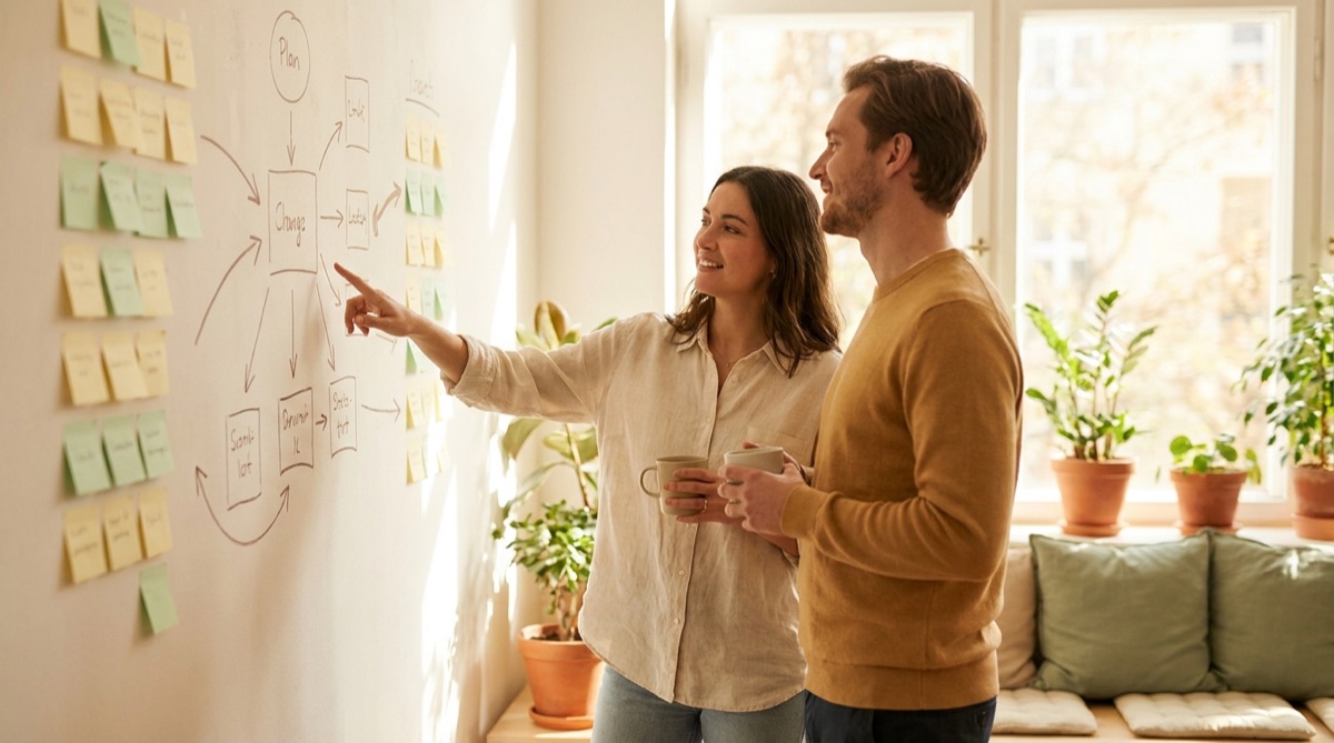Two colleagues at a wall of sticky notes and process diagrams, one explaining to the other.