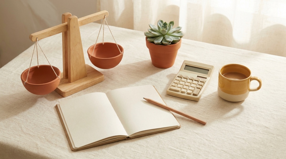 A small wooden balance scale beside a notebook, pencil and calculator on a warm desk.