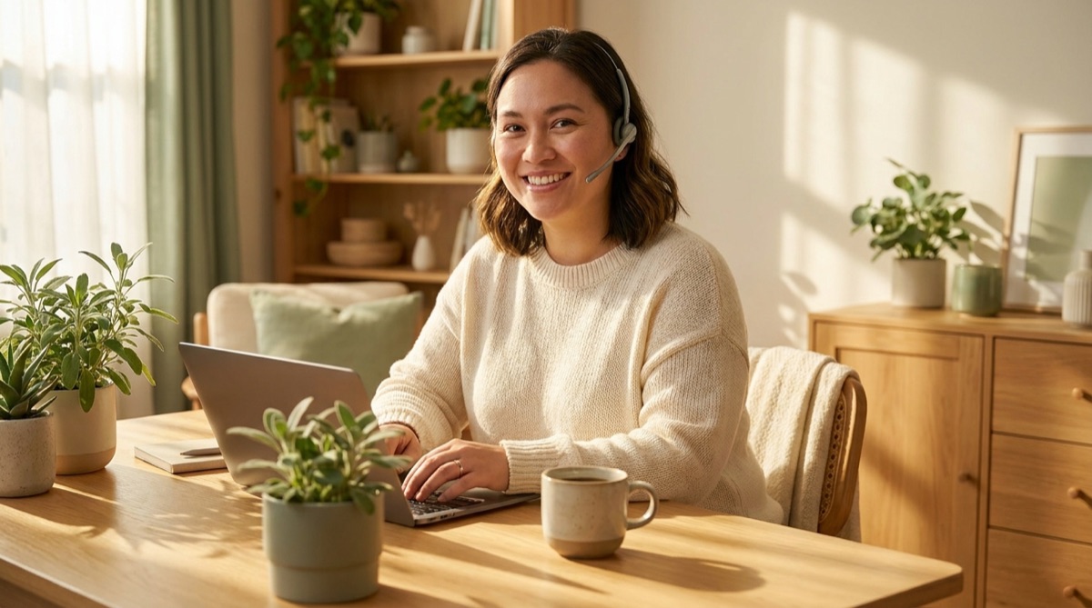 A friendly person wearing a headset smiling while working at a bright desk.