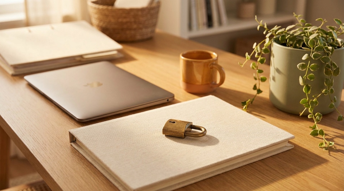 A small brass padlock resting on a closed folder beside a laptop in warm light.
