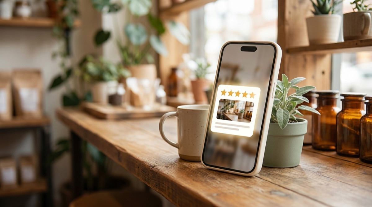 A phone on a warm counter showing a business listing card with review stars.