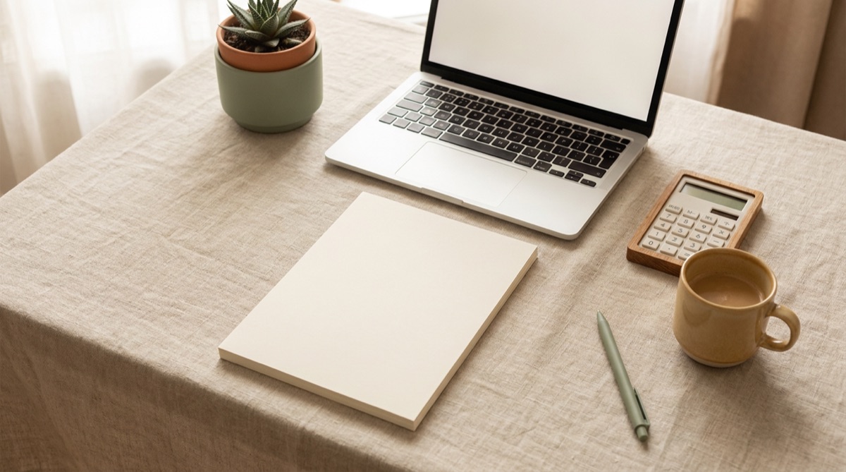 A calm, organised desk with a neat stack of paperwork, a laptop and a calculator.