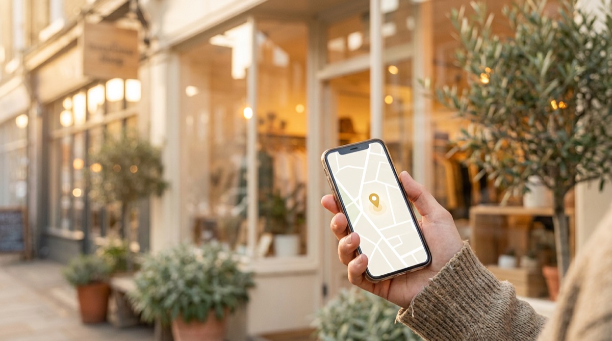 A hand holding a phone showing a map with a single location pin in front of a warm storefront.