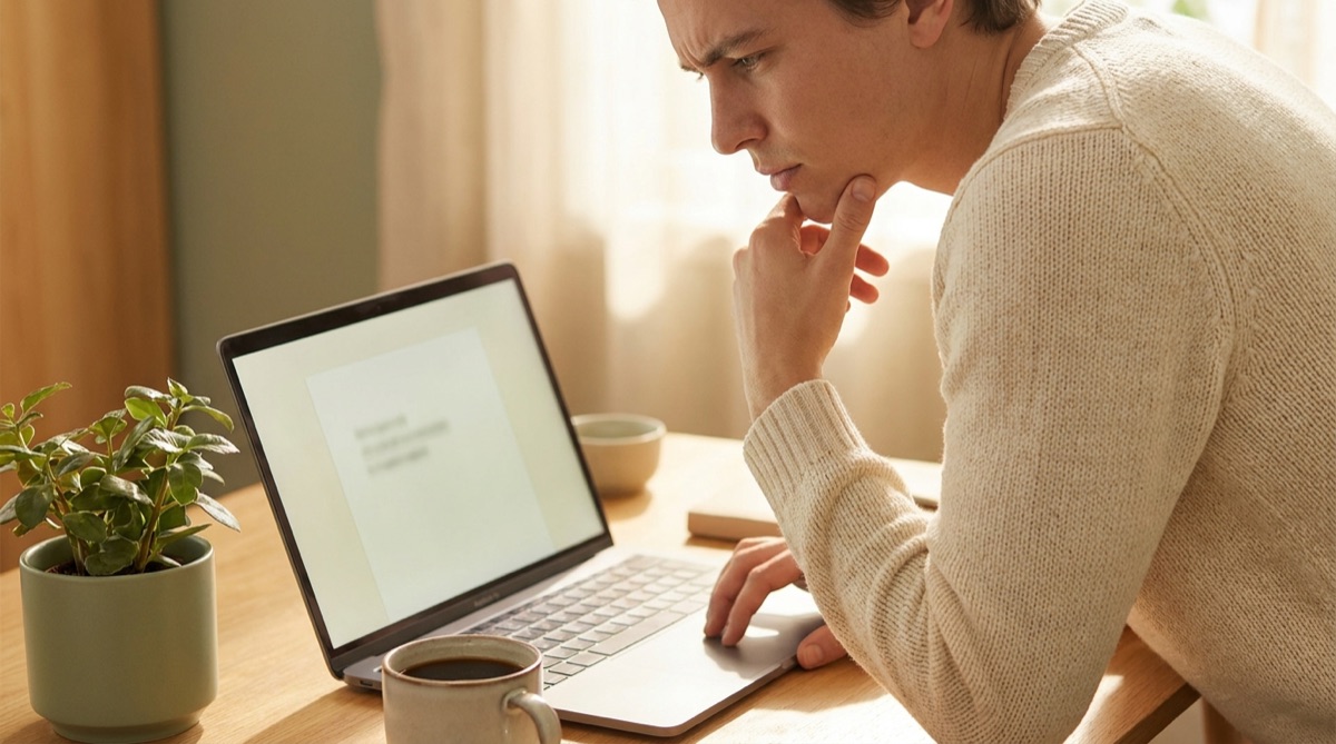A person looking thoughtfully at a laptop showing a nearly empty page.