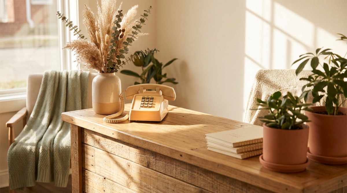 A tidy, welcoming small business reception desk with a phone, plants and warm sunlight.