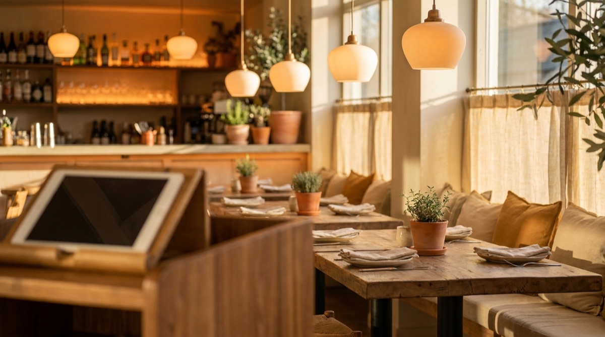 A cosy neighbourhood restaurant interior at golden hour with warm pendant lights.