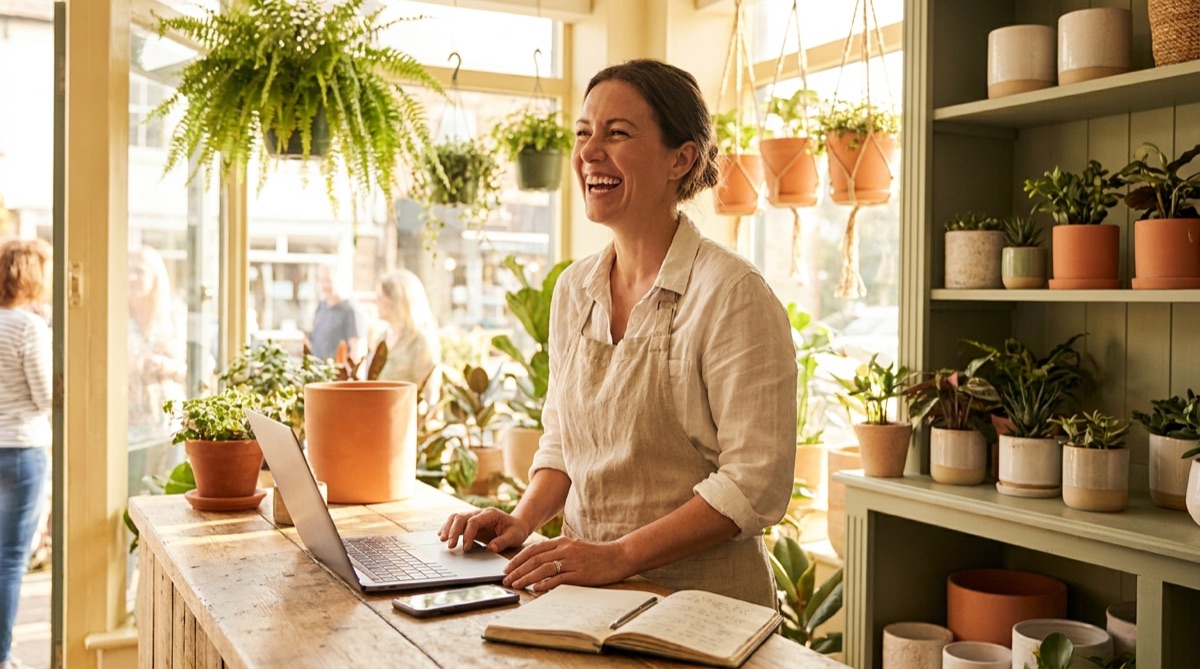 A cheerful shop owner working at the counter of a bright, plant-filled store with a laptop open.