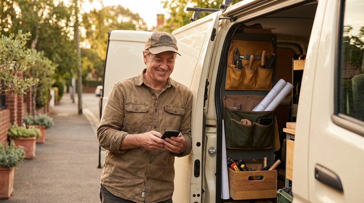 A tradesperson beside an open van checking a phone in warm afternoon light.