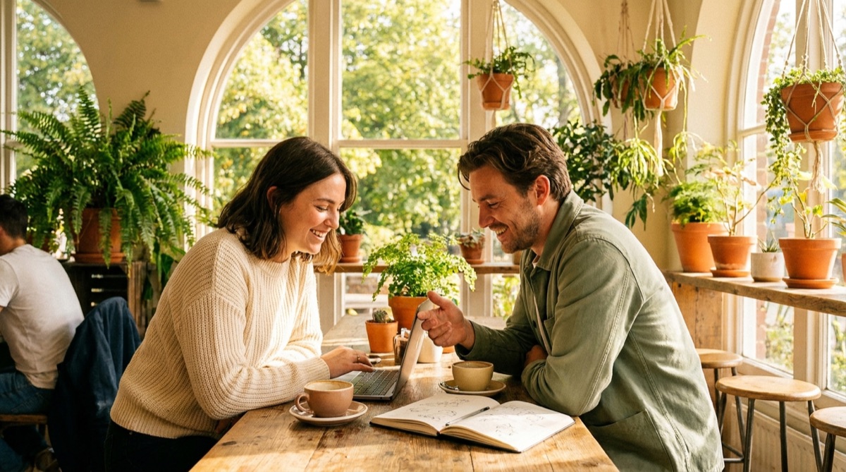 Two people meeting over coffee in a bright, plant-filled local cafe with a laptop and notebook.