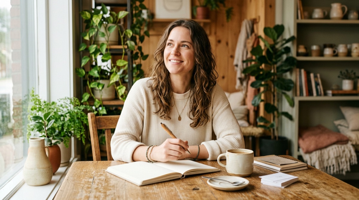 A small-business owner at a sunlit table with an open notebook and coffee, looking up thoughtfully.
