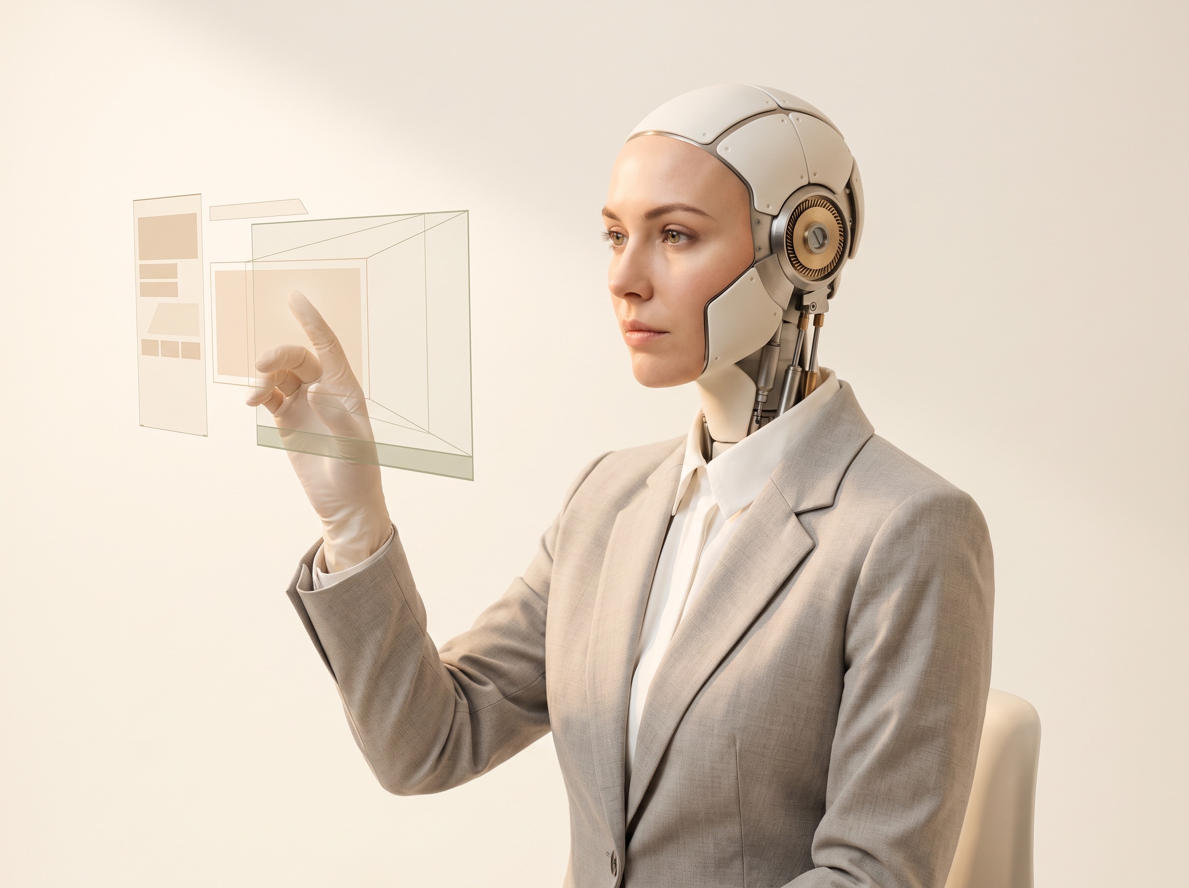 A half-human, half-machine figure working with an AI interface