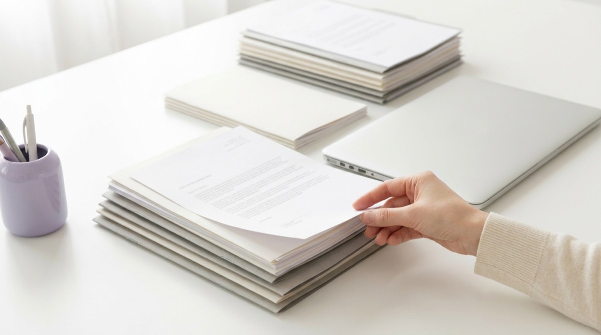 A hand sorting neat stacks of paperwork and invoices on a bright white desk.