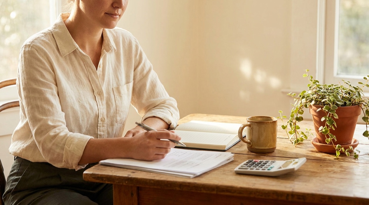 A small-business owner working figures out on paper at a sunlit table beside a calculator and a coffee.
