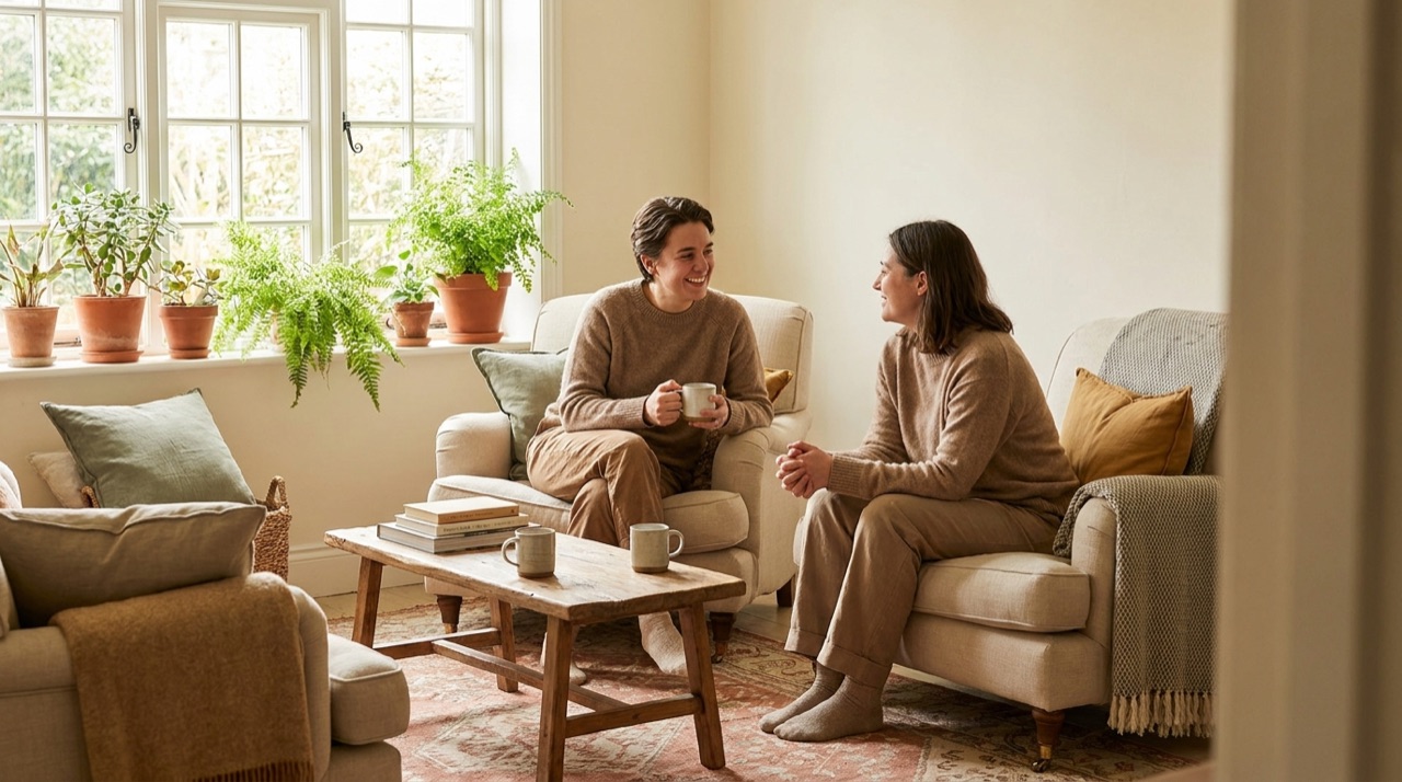 Two people in armchairs having a relaxed conversation over coffee in a bright, plant-filled room.