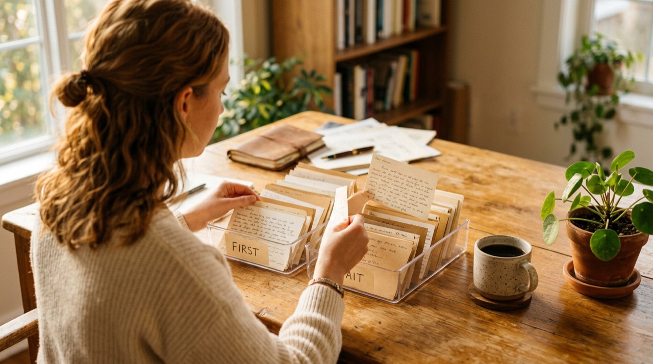A person sorting handwritten notes into two piles on a warm desk, deciding what comes first.