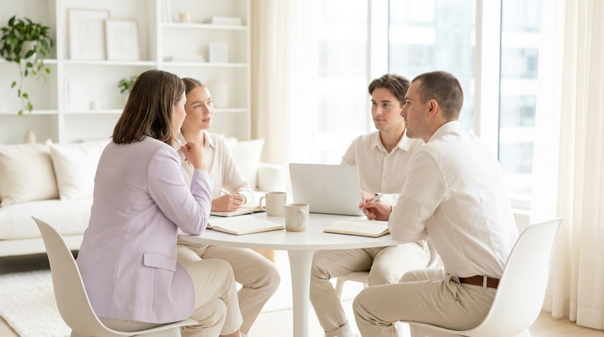 Colleagues in a relaxed planning conversation around a bright white table with notebooks and a laptop.