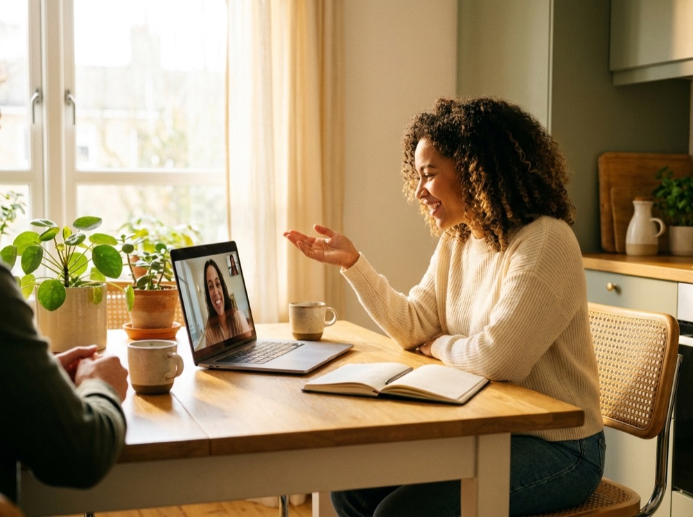 Two people on a friendly video call at a sunny kitchen table.