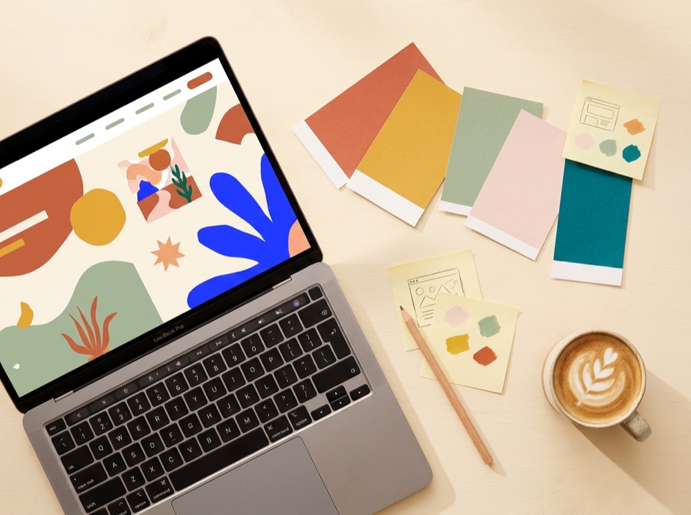 A colourful website design in progress beside paper colour swatches and a coffee.