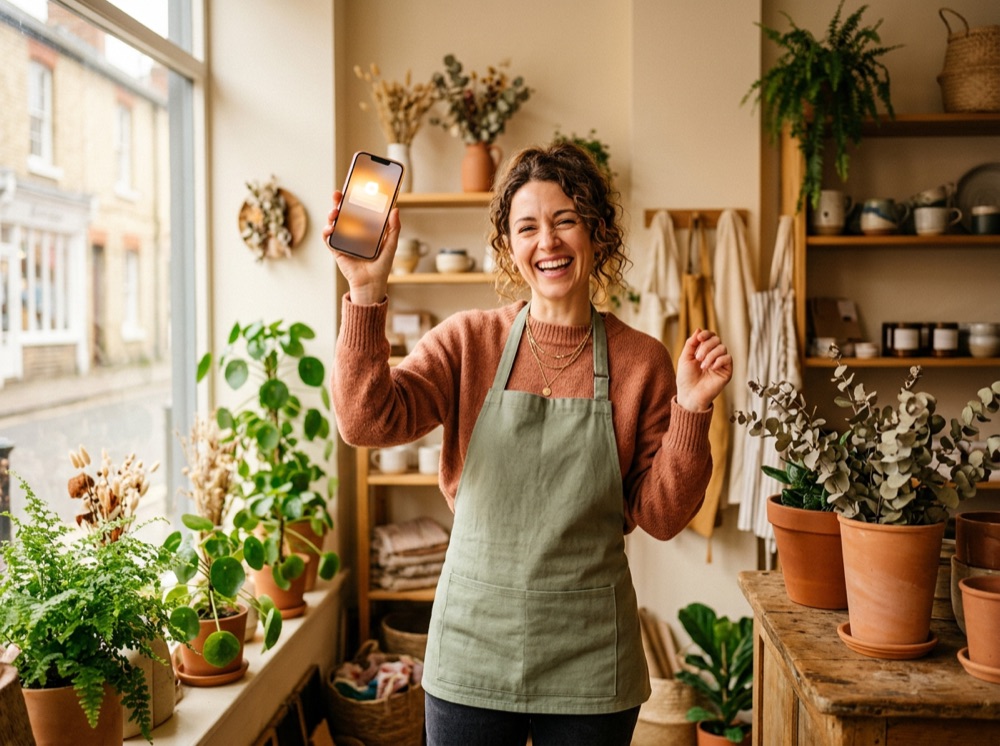 A delighted shop owner holding up her phone showing a new customer enquiry.