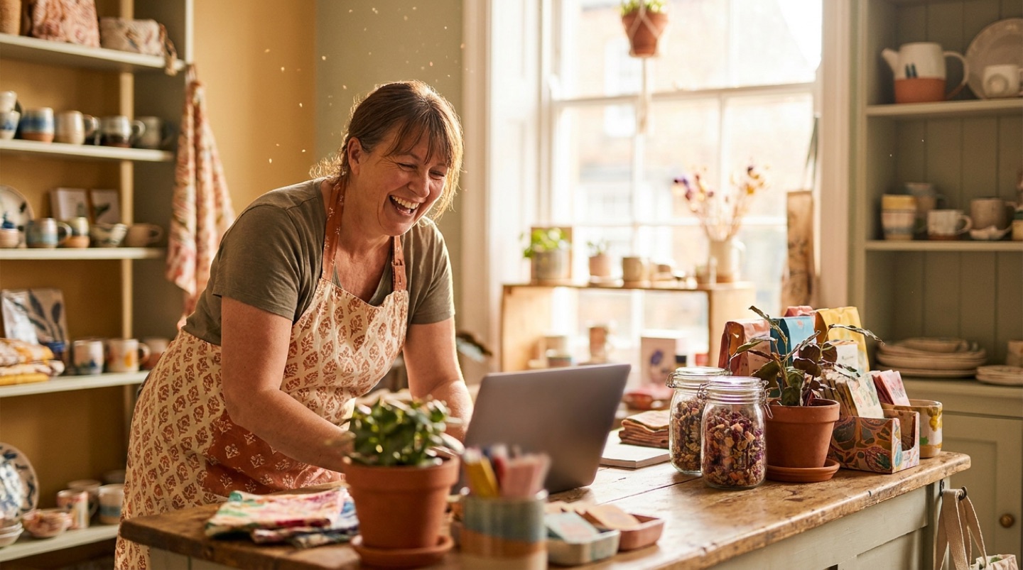 A shop owner laughing as she looks at her laptop behind the counter of her bright little store.