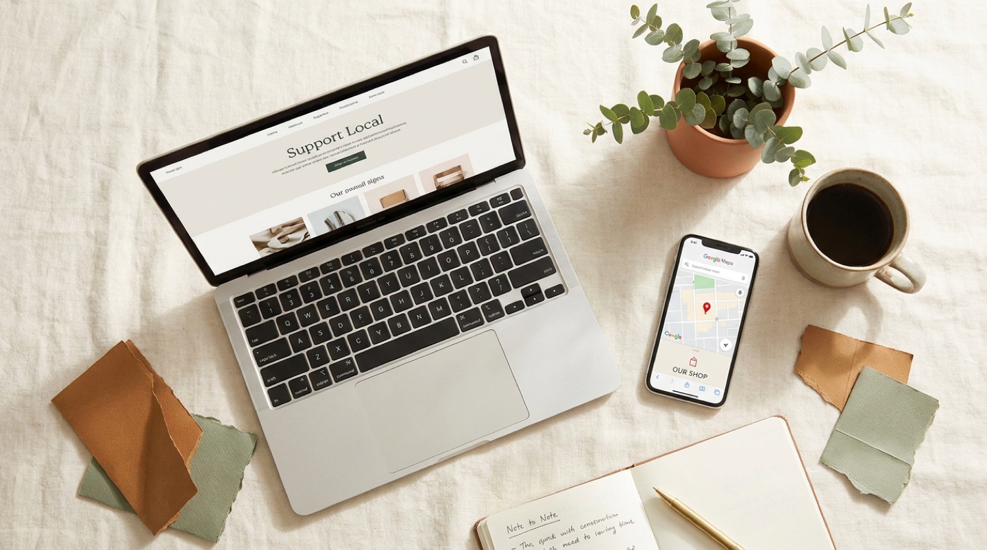 A bright, warm flat-lay: a laptop showing a small-business website beside a phone showing a Google Maps pin, a coffee and a plant.