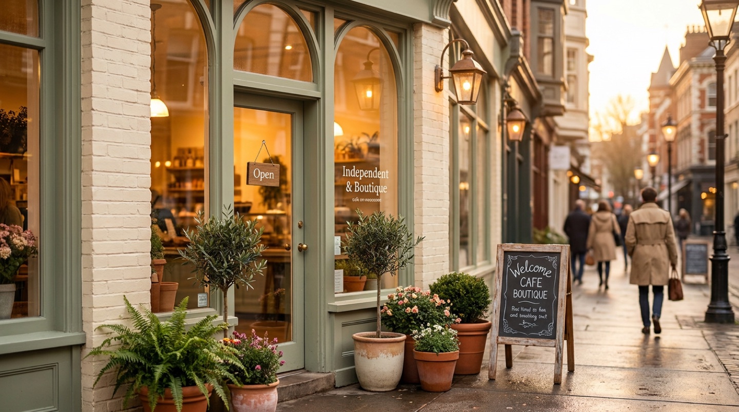 A warm, inviting independent Vancouver storefront at golden hour.