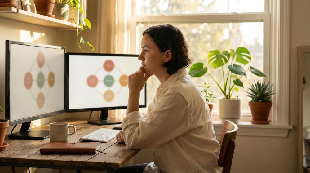 A developer at a warm wooden desk with two screens showing connected-system diagrams.