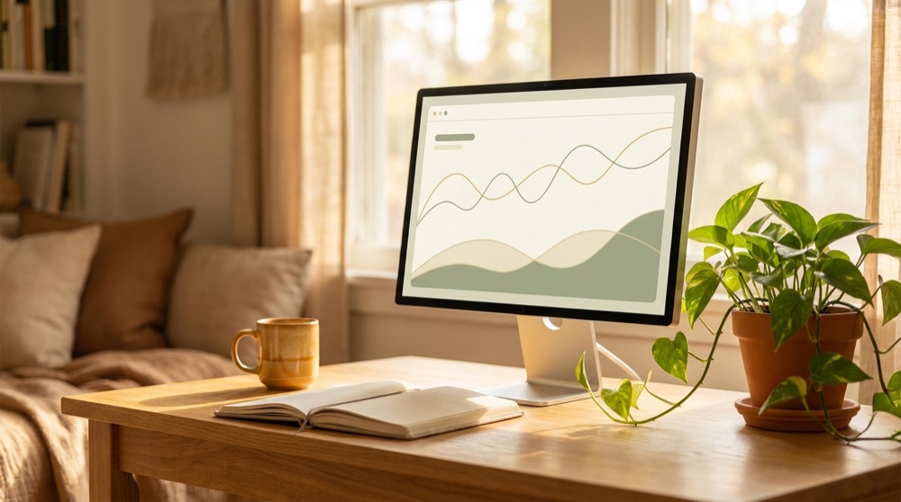 A calm sunlit desk with a monitor showing a simple dashboard of gentle line graphs.