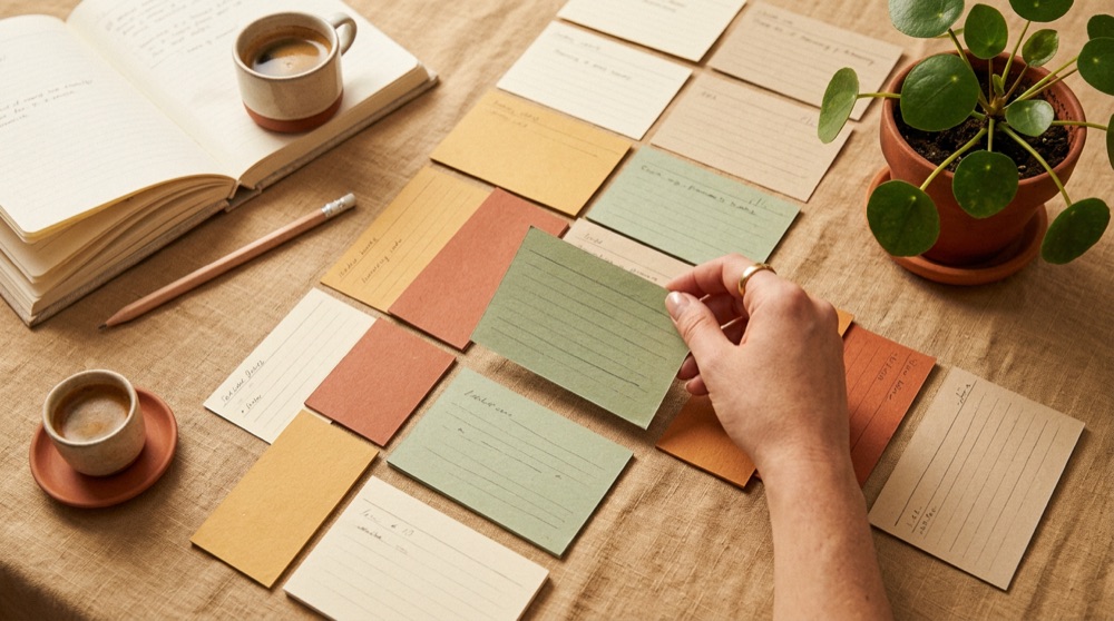 Coloured cards laid out in an ordered sequence on a warm desk as a hand places one.
