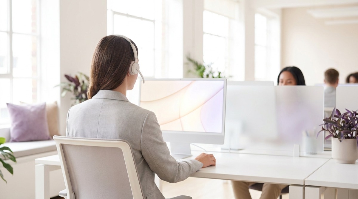 A support specialist wearing a headset at a bright desk, viewed over the shoulder.