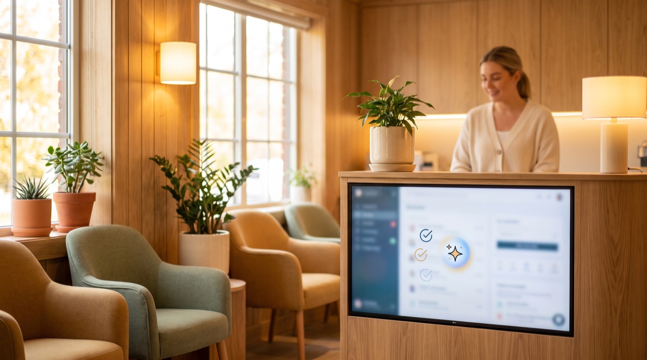 A calm clinic reception where a screen shows appointment reminders being sent automatically.