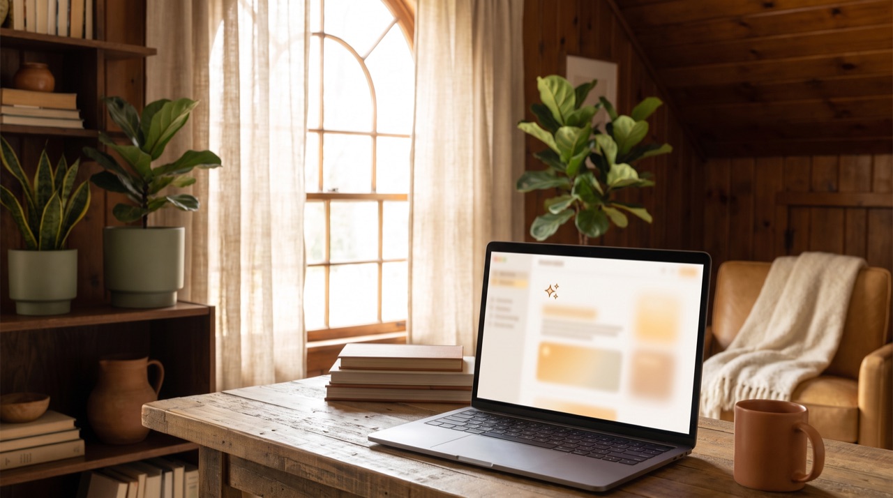 A calm professional office with a laptop showing a document reviewed by AI with key clauses highlighted.