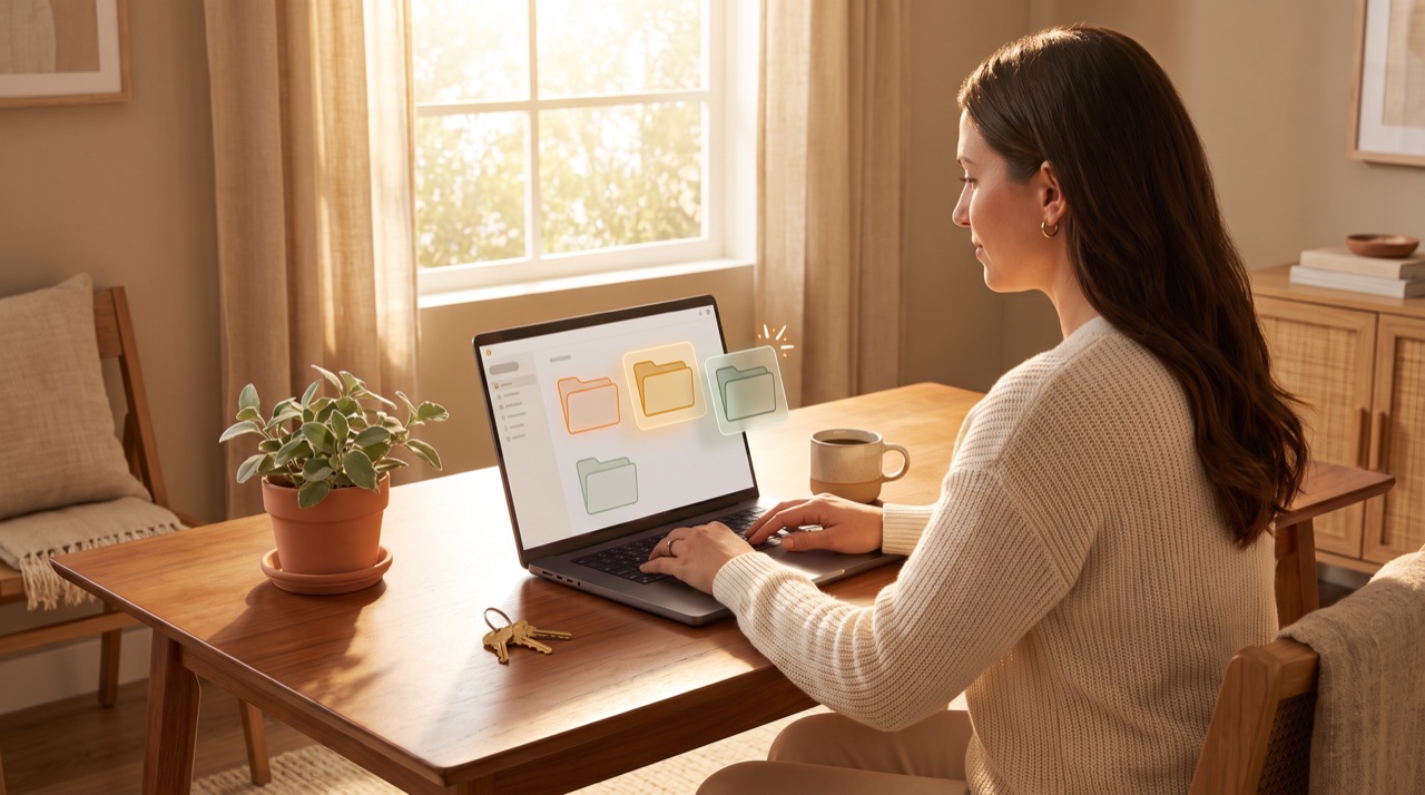 A property manager at a sunlit desk with a laptop sorting maintenance requests into priority groups.