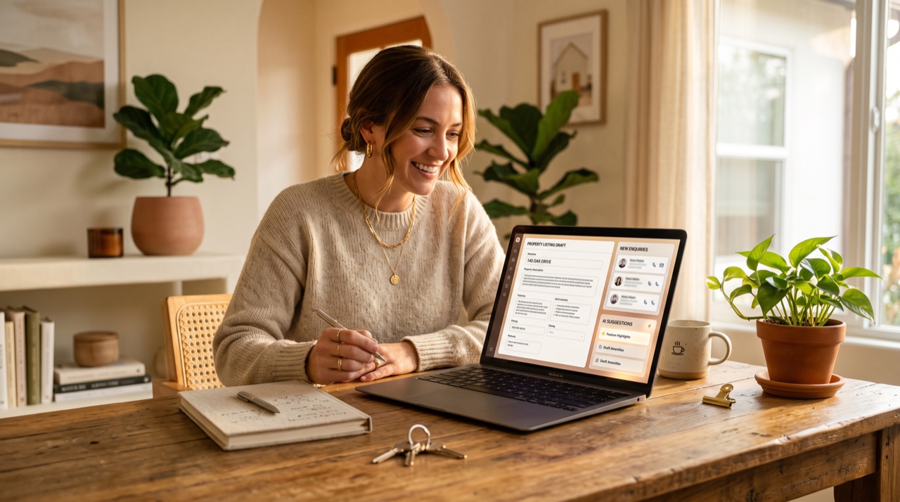 An agent at a sunlit desk with a laptop showing an AI drafting a listing beside new enquiries.