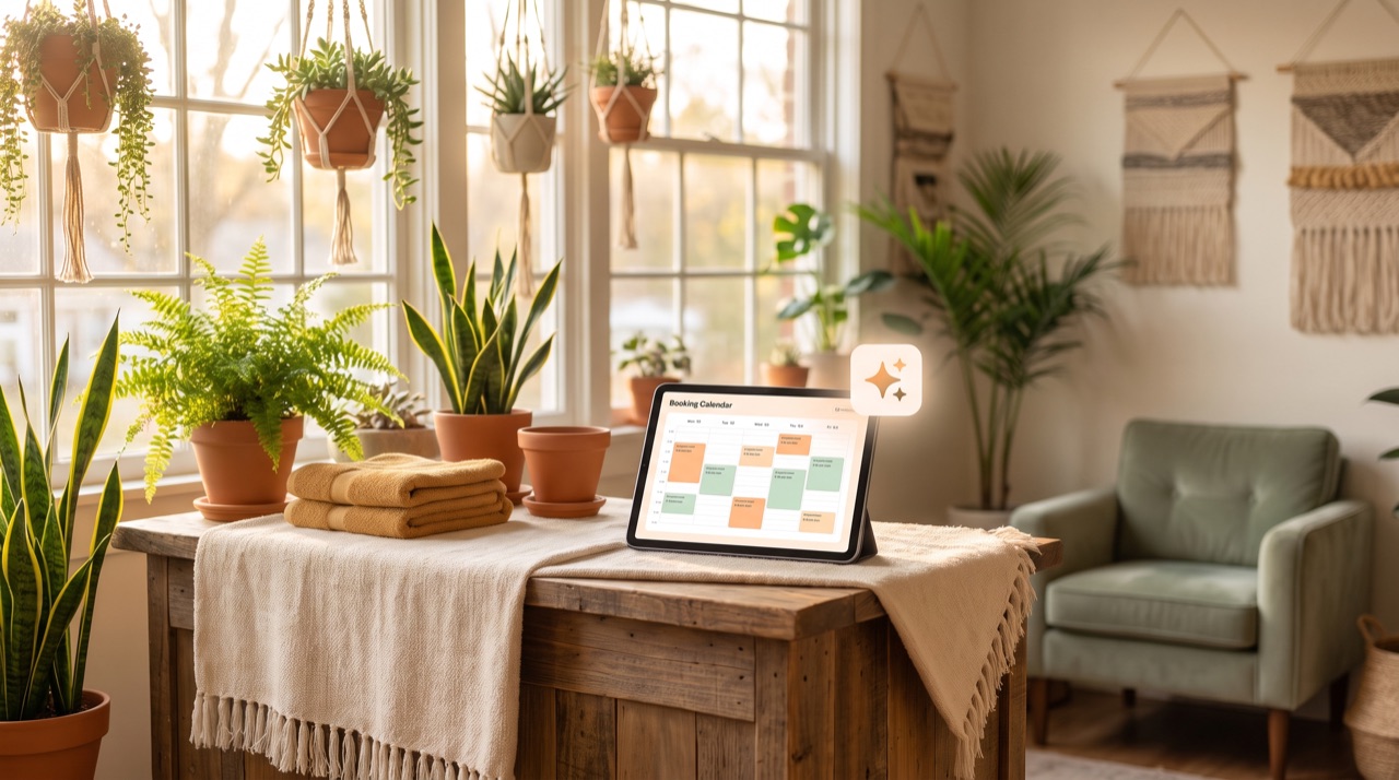 A bright salon reception with a tablet showing a booking calendar filling with confirmed appointments.